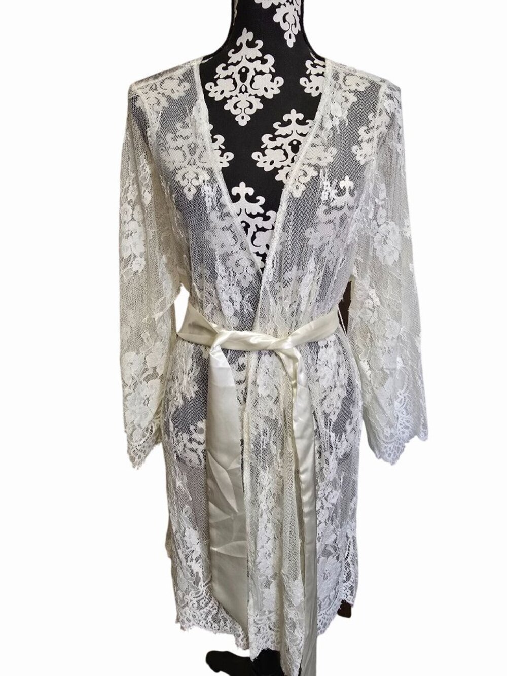Show Me Your Mumu Womens Large Lace Kimono Robe Ivory Floral FLAWED
